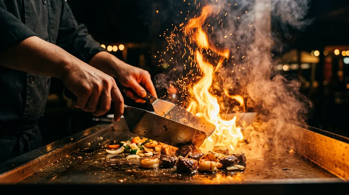 Chef cooking on the hibachi grill with flames